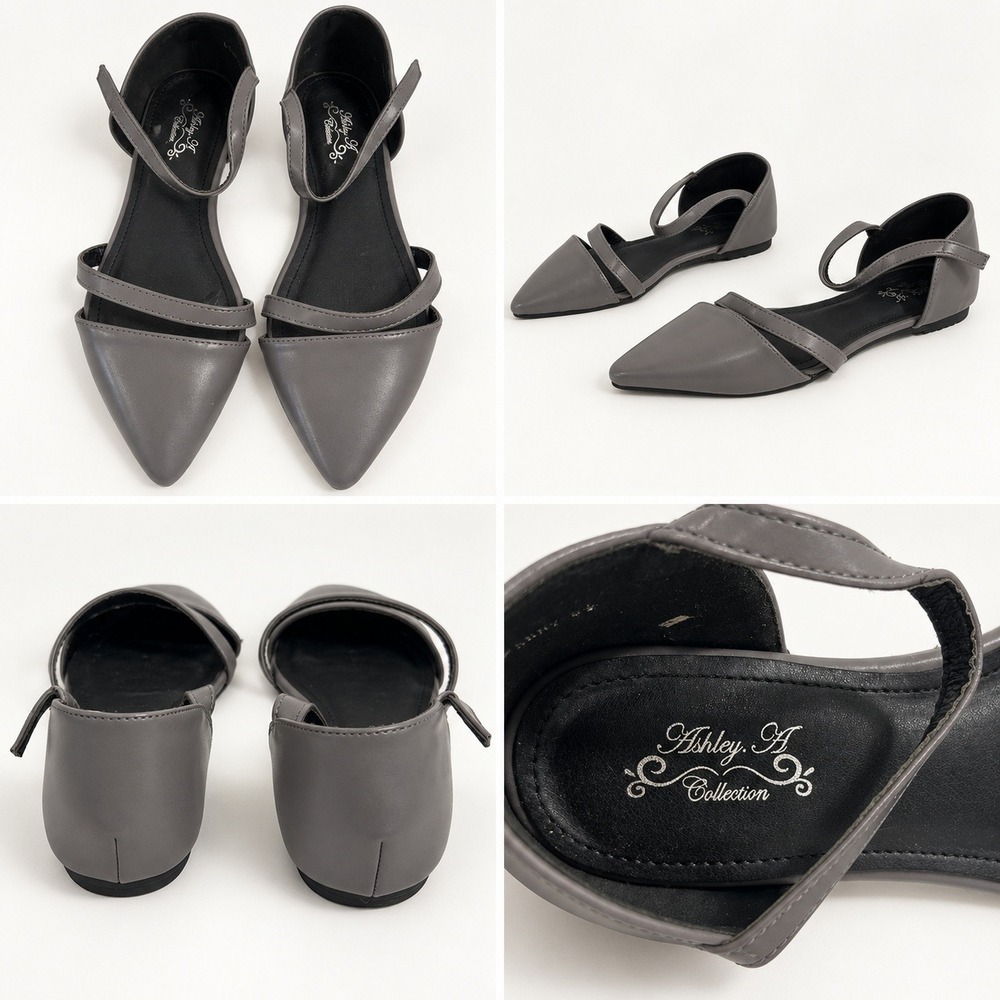 Ashley A Collection Gray Pointed Toe Ankle Strap D Orsay Flats Shoes Size 8.5